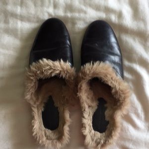 Zara, black leather fuzzy mules
